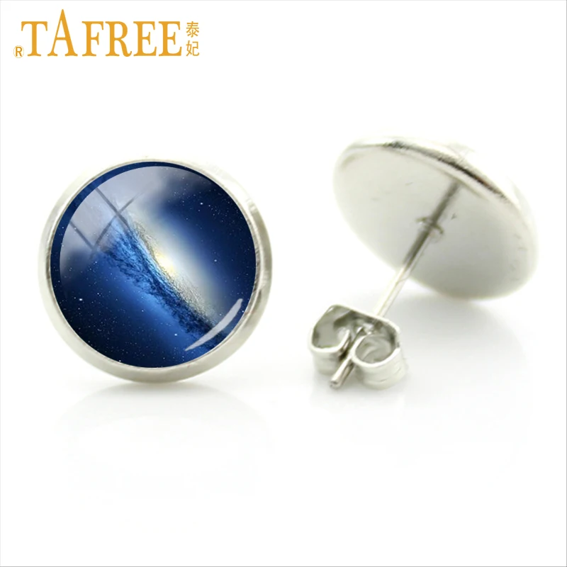 Женские серьги гвоздики со Звездами Галактики TAFREE стеклянные купольные в виде