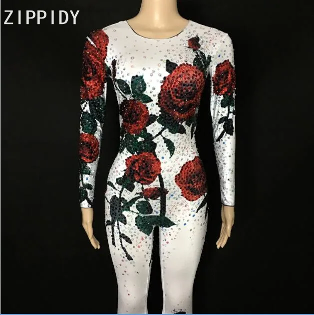 Multicolor Rhinestones Rose Flowers 3 Colors Spandex Jumpsuit Evening Party Costume Women Singer Wear Birthday Celebrate Outfit