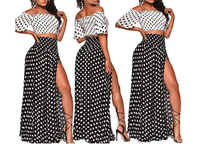 

2021 women summer dot print off shoulder crop top side split maxi skirt suit two piece sexy beach set dress holiday outfit