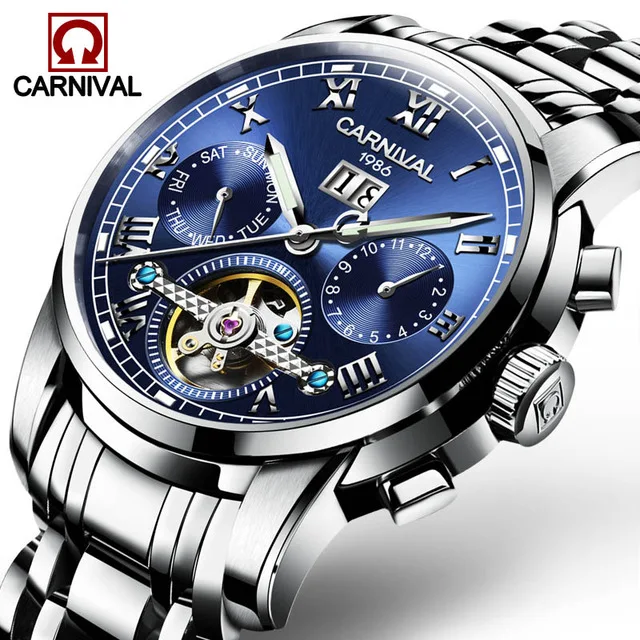 Blue Relogio Masculino, карнавальные Мужские механические часы с самозащитой и турбийоном, водонепроницаемые автоматические часы со скелетом, мужские часы - Цвет: Blue