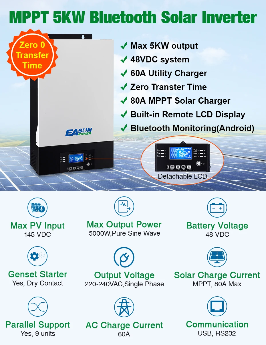 Источник питания Easun 5000W параллельный солнечный инвертор нулевое время передачи 80A MPPT 60A AC зарядное устройство 48Vdc 230Vac с Bluetooth мониторинга