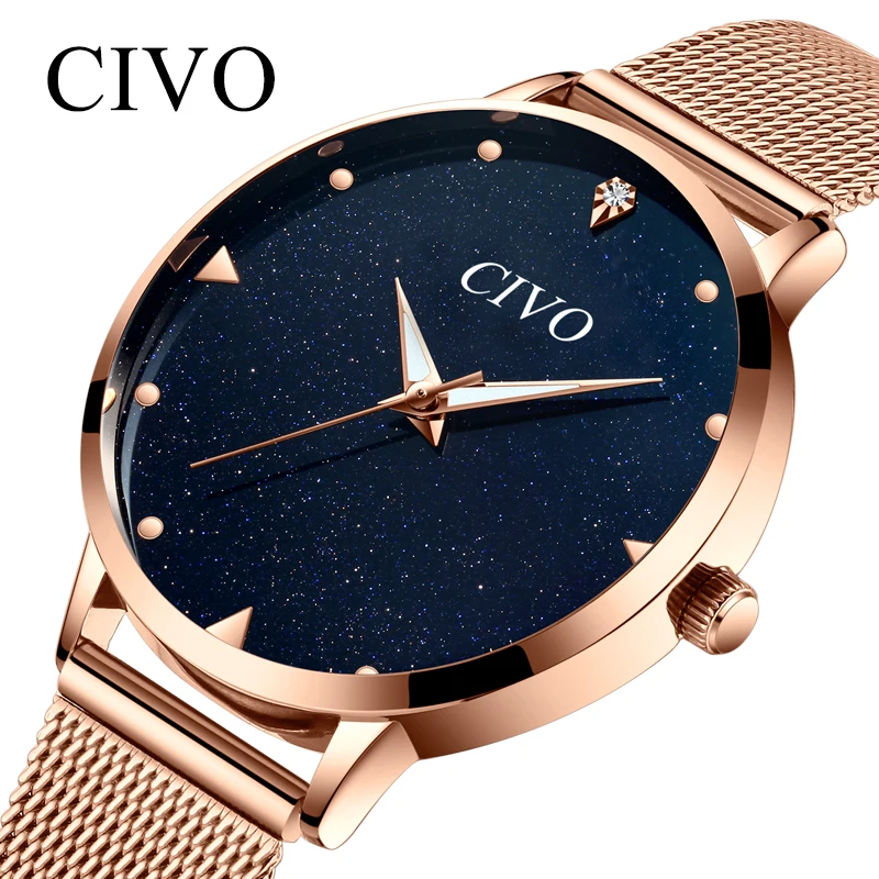 CIVO часы для женщин Топ бренд Роскошные повседневные розовое золото сетка