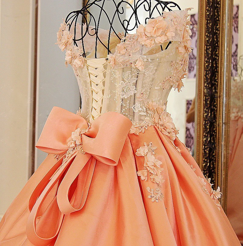 Длинное вечернее платье LS60080 оранжевое и цвета слоновой кости длинное с плеча