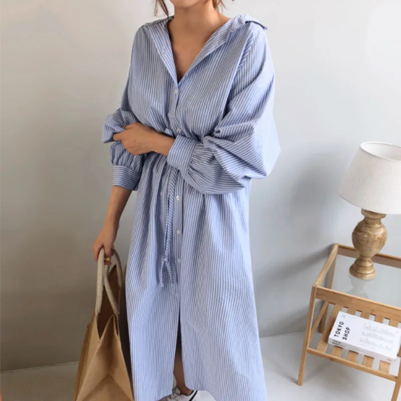 LANMREM 2020 Summer New Fashion Temperament Women Loose Plus Casual Stripes Over The Knee Tie Bow Dress TC204 | Женская одежда