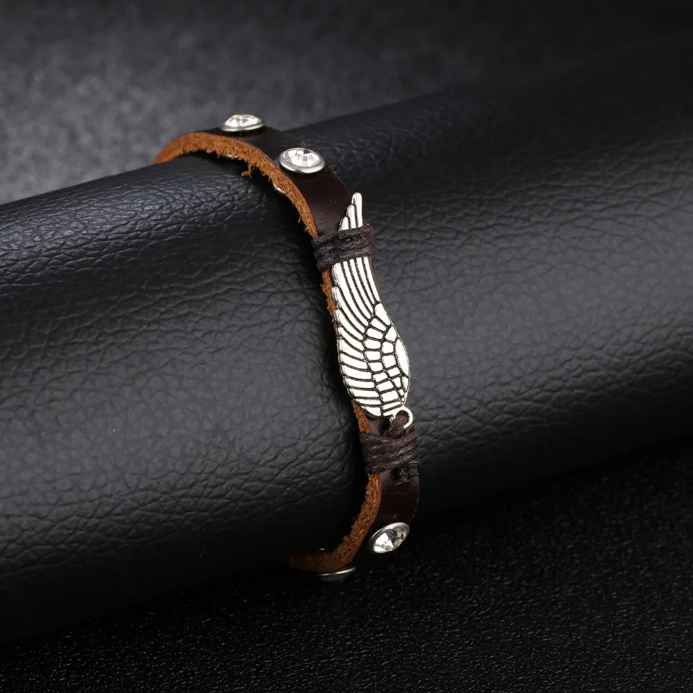 Felicelia New Arrival Feather Wing Design Men Bracelets Brown PU Leather Wrap Bracelet For Boys Casual Sporty Jewelry | Украшения и