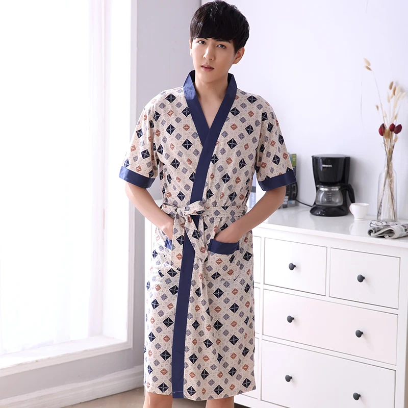 Халат кимоно мужской тонкий с V образным вырезом и коротким рукавом|mens robe|male