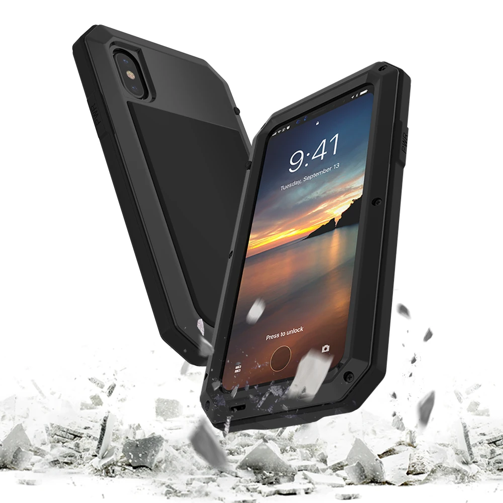 Luxury Doom armor Dirt Shock Waterproof Metal Aluminum phone bags case For iphone X cover+Tempered glass |