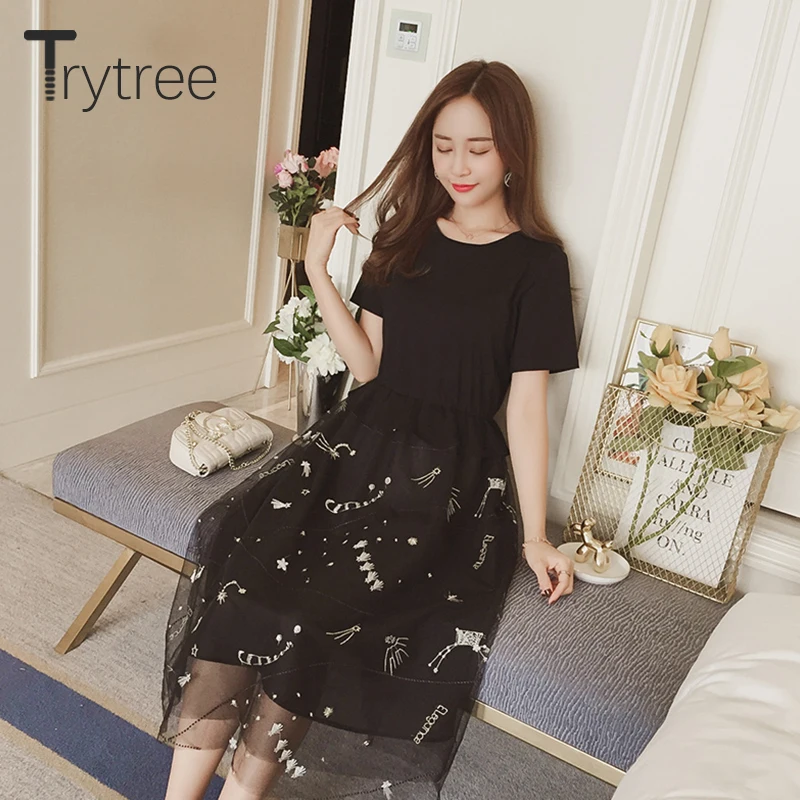 Trytree 2019 Лето Осень вышивка сетка лоскутное Повседневное платье для женщин
