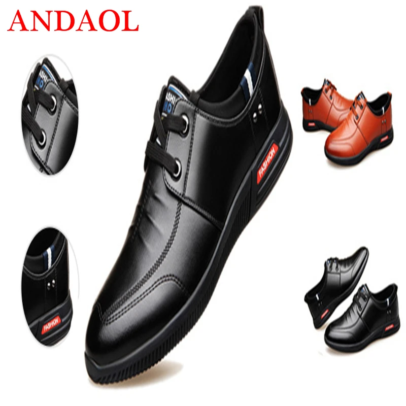 

ANDAOL Men's Leather Casual Shoes Top Quality Solid Lace-Up Driving Shoes Luxury Trend Fashion Non-Slip Business Office Footwear
