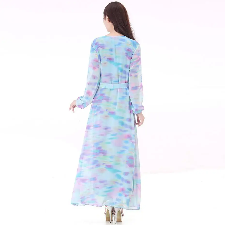 С Поясом! с длинным Рукавом Макси Dress В Этническом Стиле Мусульманские Vestidos Шифон