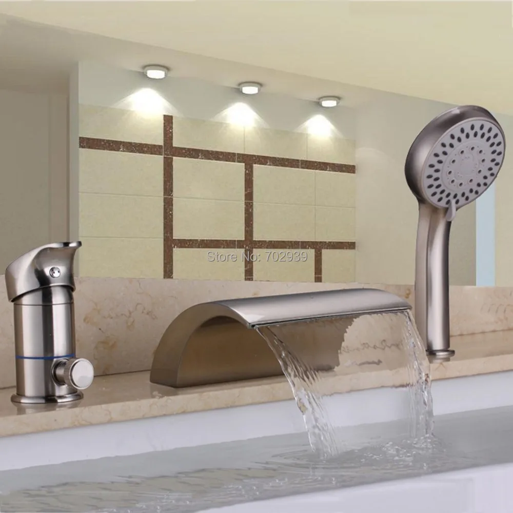 

Free ship Brushed Nickel 3 pieces widespread Waterfall Bathroom Bath Roman Tub Filler Faucet W/ Hand Shower