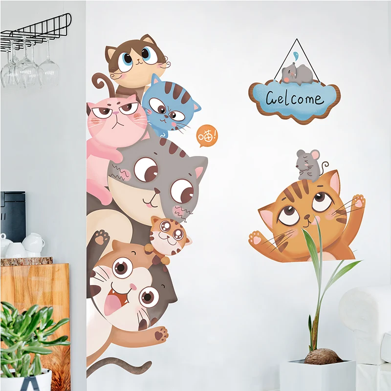 Мультяшные милые кошки Настенный декор наклейка для детской комнаты домашний