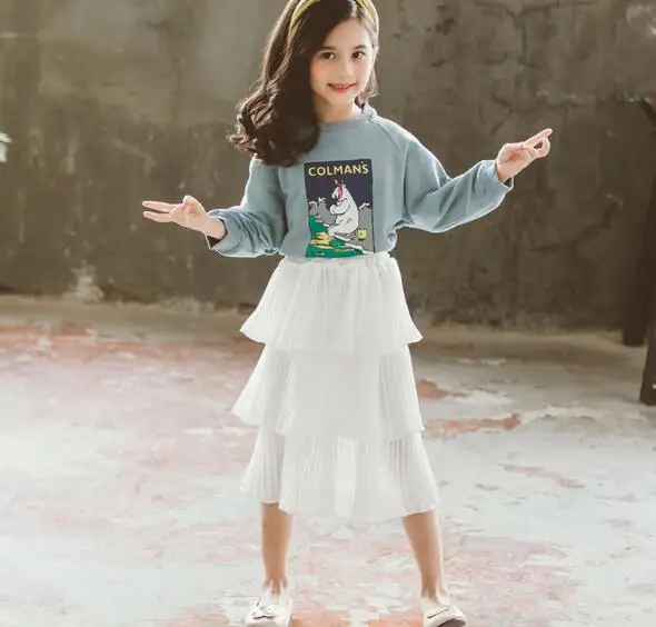 

Cultiseed Big Girl Autumn Sets Clothing Children Print Sweater Top+Pleated Cake Dress 2pc Dress Sets Kids Cute Casual Dress Suit