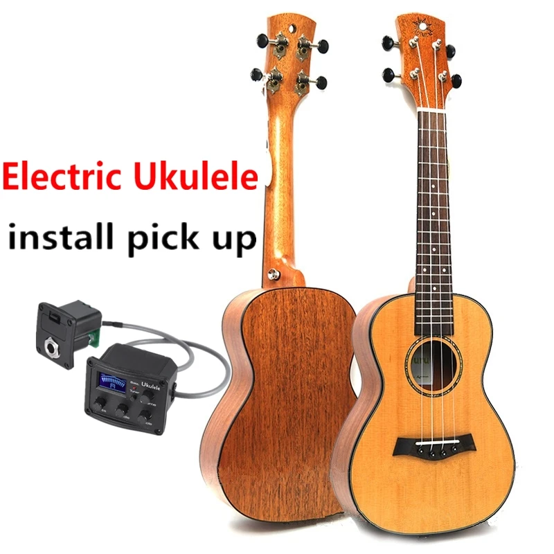 Install pickup Гавайские гитары укулеле, 23 дюйма, топ, однотонный, концертный, кедр, красное дерево, матовая, Мини электрическая акустическая гитара, 4 струны, Ukelele Guitarra, установка звукоснимателя - Цвет: Install pickup