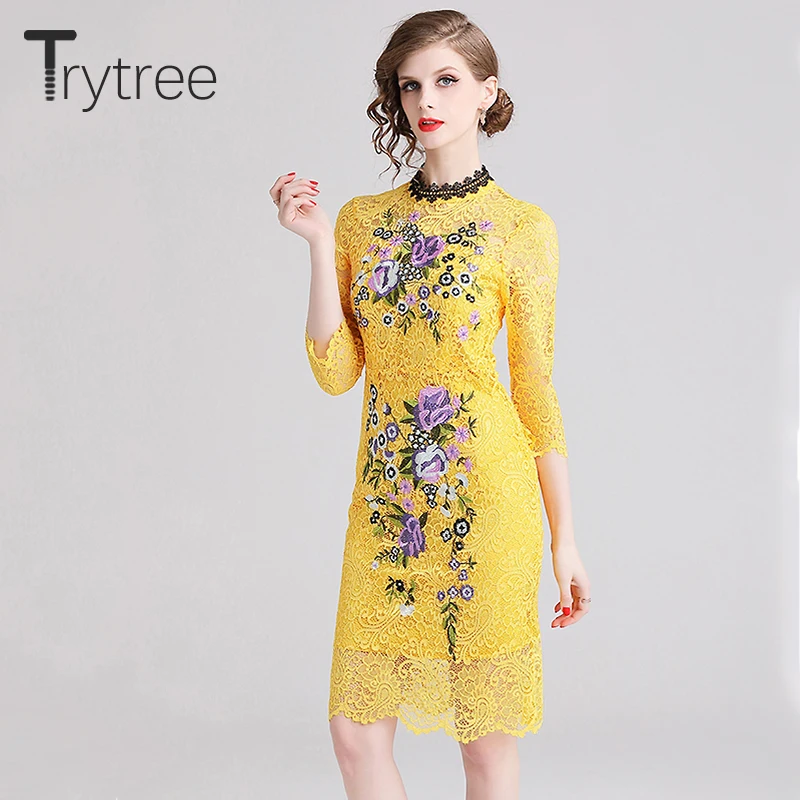 Женское кружевное платье футляр Trytree желтое Повседневное до колена с цветочной