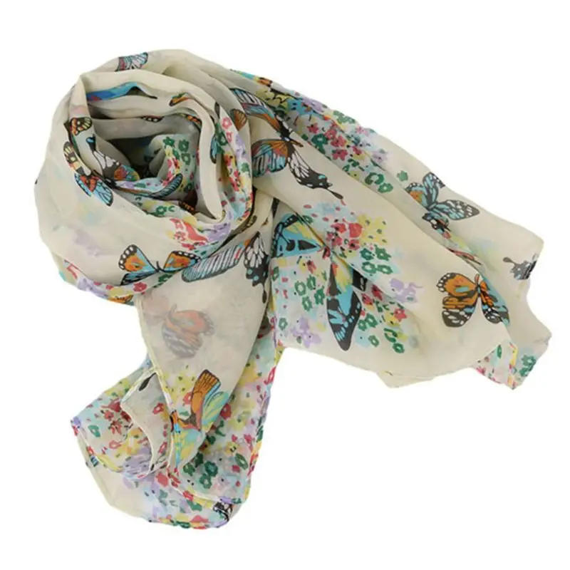 Женский шифоновый длинный шарф в богемном стиле с цветными бабочками и цветочным