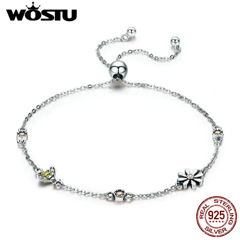 WOSTU подлинное серебро 925 пробы Ромашка и цепочка с Пчелой ссылка браслет для