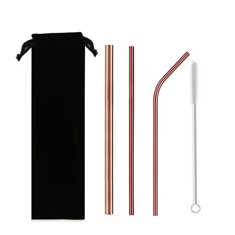 Rose Gold 100 компл./лот металлическая Питьевая солома 304 соломка из нержавеющей стали для еды и питья набор соломинок с щеткой и мешком с фабрики - Цвет: Rose Gold