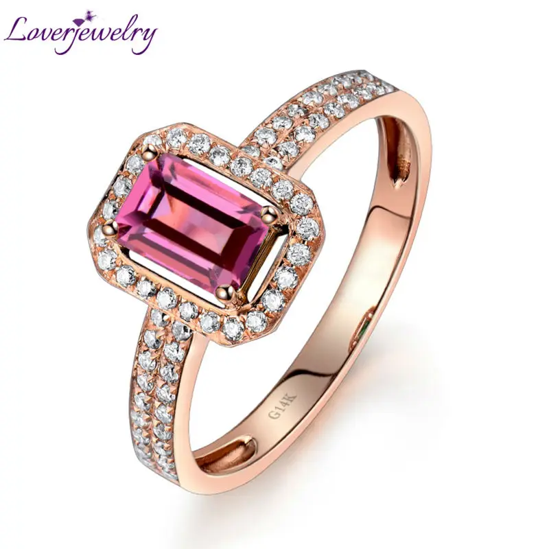 

LOVERJEWELRY Tourmaline Ring For Women Solid 14K Rose Gold Natural Tourmaline GEM Ring Engagement Diamond Ring Emerald Cut 4x6mm