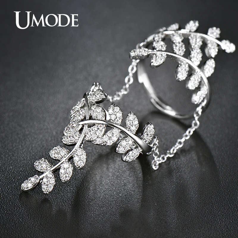 Umode олив бранч микро CZ белый позолоченные имитация два пальца с цепи украшения