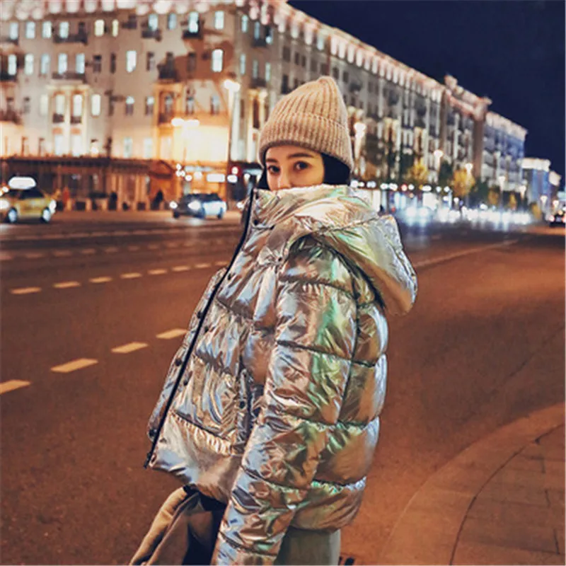 Новинка зимы 2020 Модный яркий серебристо-серый прямой пуховик с капюшоном