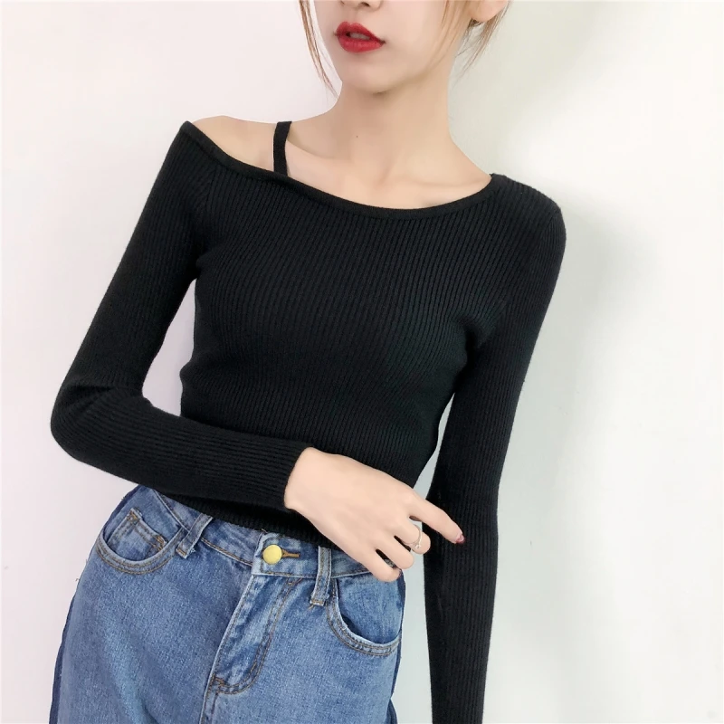 Sexy Off Shoulder Knitted Sweater knitwear Winter 2018 Autumn Women Pullover White Elasticity Slim Jumper Pull Femme | Женская одежда