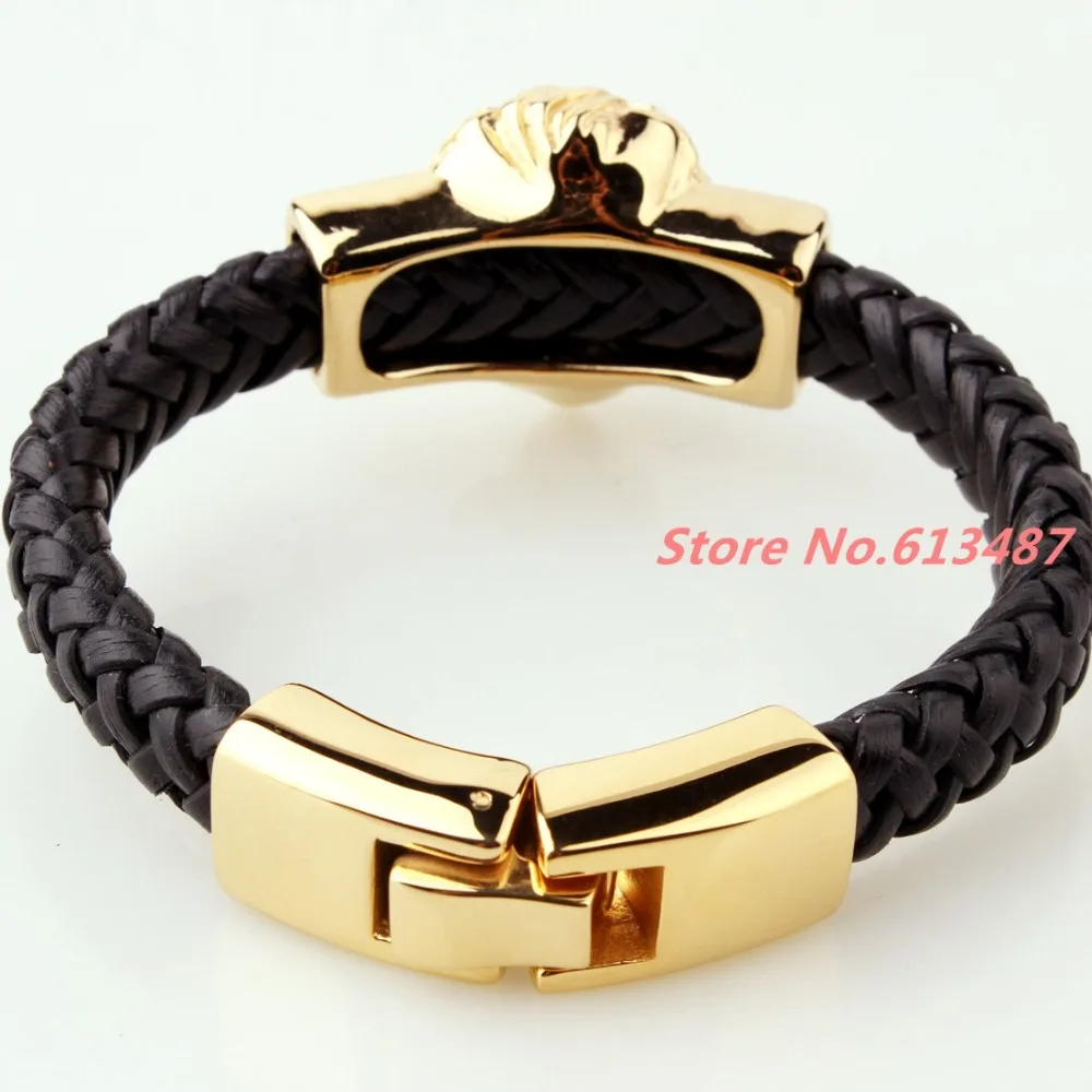 Мужской кожаный браслет черный Байкерский из нержавеющей стали 316L с золотым