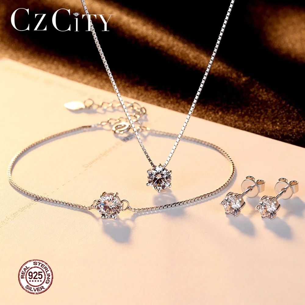 Czcity простой стерлингового серебра 925 шесть коготь Серьги necklaceand браслет Для женщин ювелирные свадебные костюм-тройка для невесты подарок