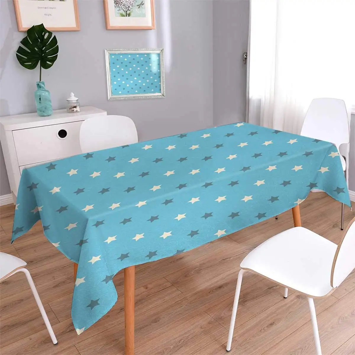 Geometric Tablecloth Stars Pattern with Blue Background Retro Zigzag Design Vintage Motifs Oblong Wrinkle Resistant Table Cover | Дом и сад