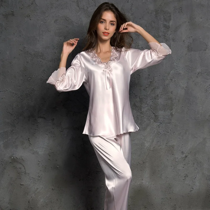 spring and autumn women's pajamas lace V-neck long sleeve clothes+ pants pajamas set satin silk sleepwear female home suit