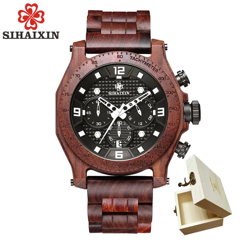 red with box SIHAIXIN деревянные часы мужские водонепроницаемые relogio masculino бамбуковые часы для мужчин Хронограф военные кварцевые Дата часы деревянные мужские - Цвет: red with box