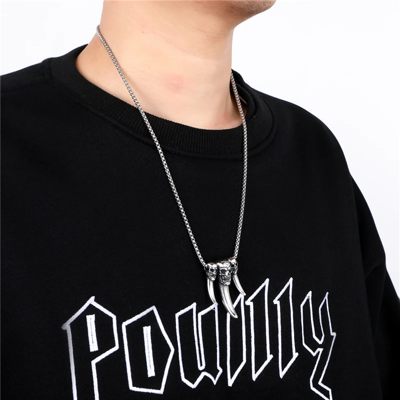 US7 Vintage Punk Skull Pendants Men Stainless Steel Teeth Necklaces Casting Gothic Rock Necklace for Viking Jewelry Gift | Украшения и