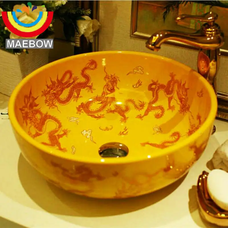 Керамическая раковина Artistc желтая для ванной комнаты с драконом|porcelain bathroom sink|bathroom sinkceramic washbasin |