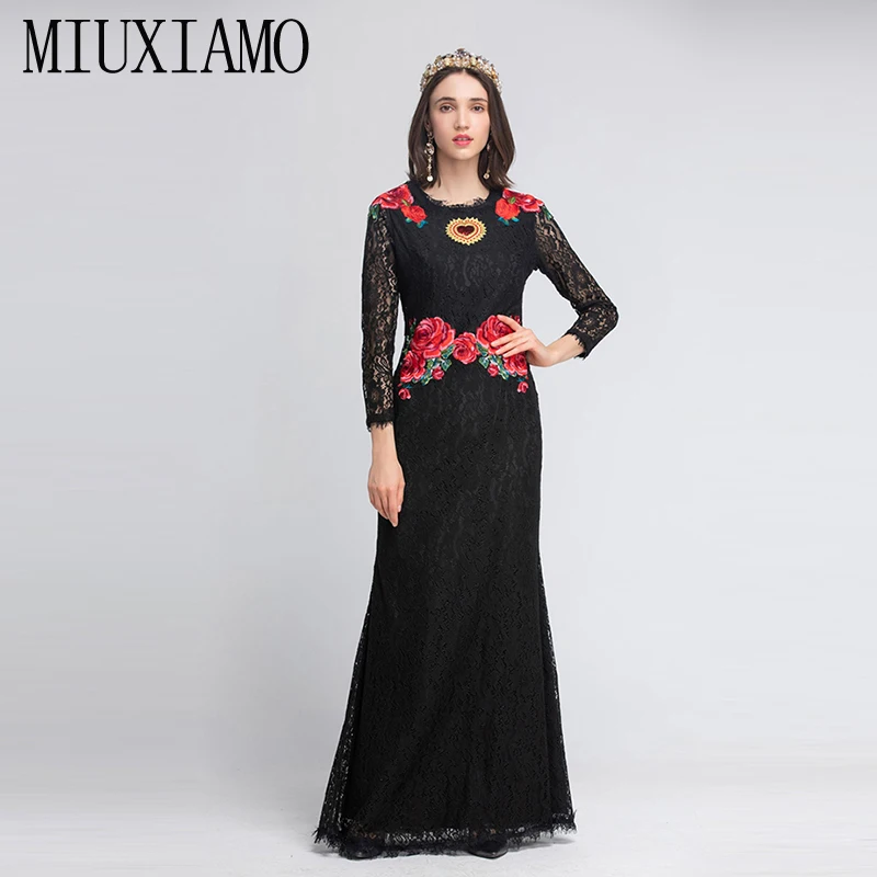 

MIUXIMAO High Quality 2019 Summer Maxi Dress Newest Floral Ebroidery Long Sleeve Eleghant Casual Lace Long Dress Women vestidos