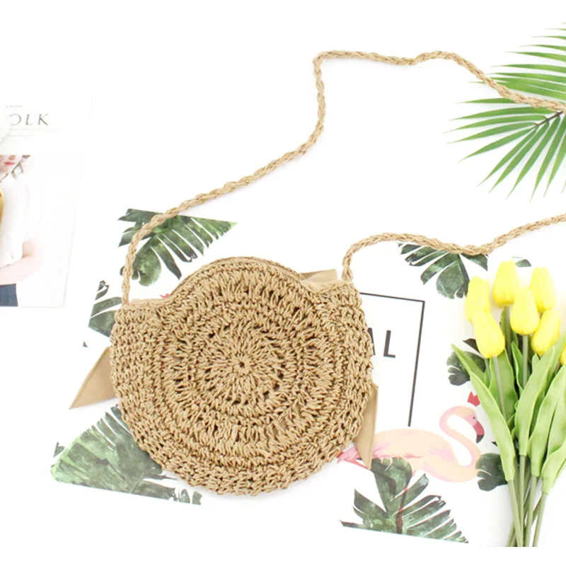 Большая соломенная сумка с бантом Круглая Бумажная веревка модная плетеная