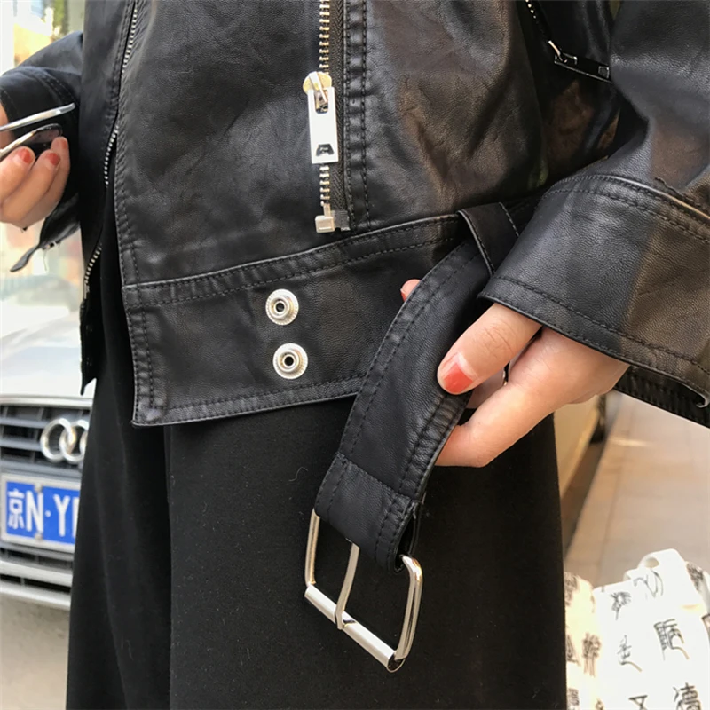 QoerliN Повседневное искусственной кожи Куртка Для женщин Harajuku осень-зима молнии