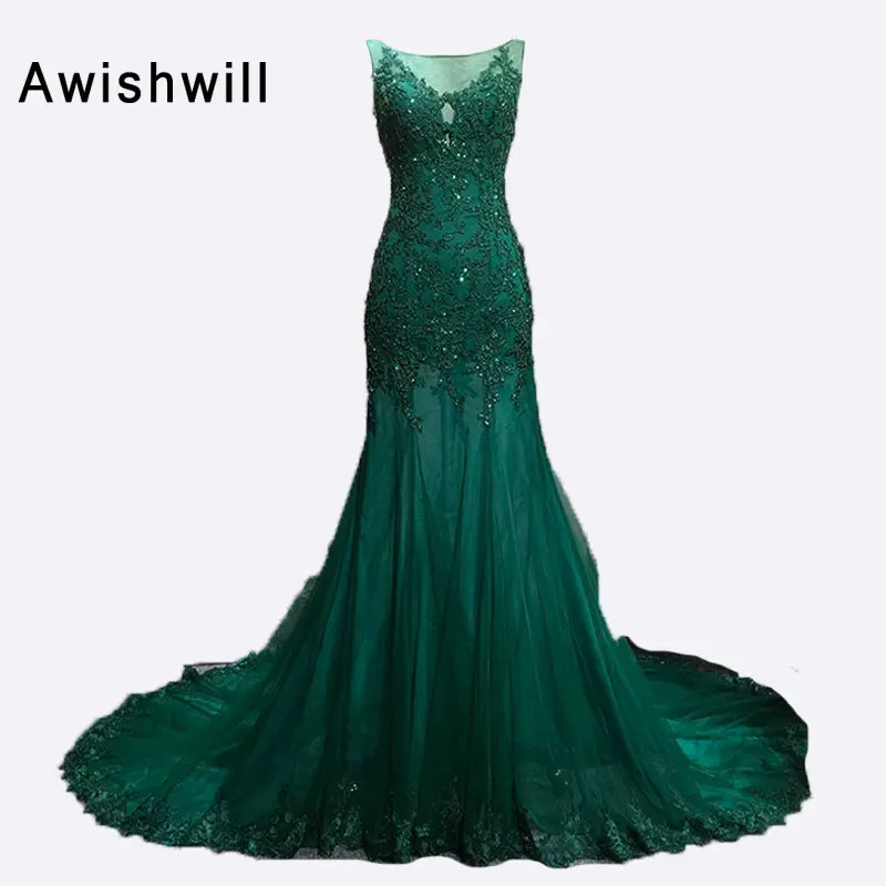 Новая мода Прозрачная Кружевная Апликация длинный Тюль Vestido de Formatura вечерние