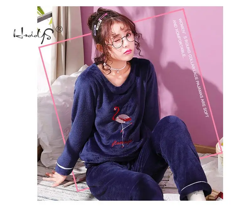 Navy Flamingo Пижама для женщин, костюм из двух предметов, зимняя Пижама с вышивкой фламинго, Толстая теплая фланелевая Домашняя одежда,, топ, домашняя одежда - Цвет: Navy Flamingo