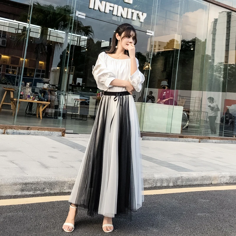 Женская сетчатая шифоновая юбка с высокой талией черно-белая плиссированная в