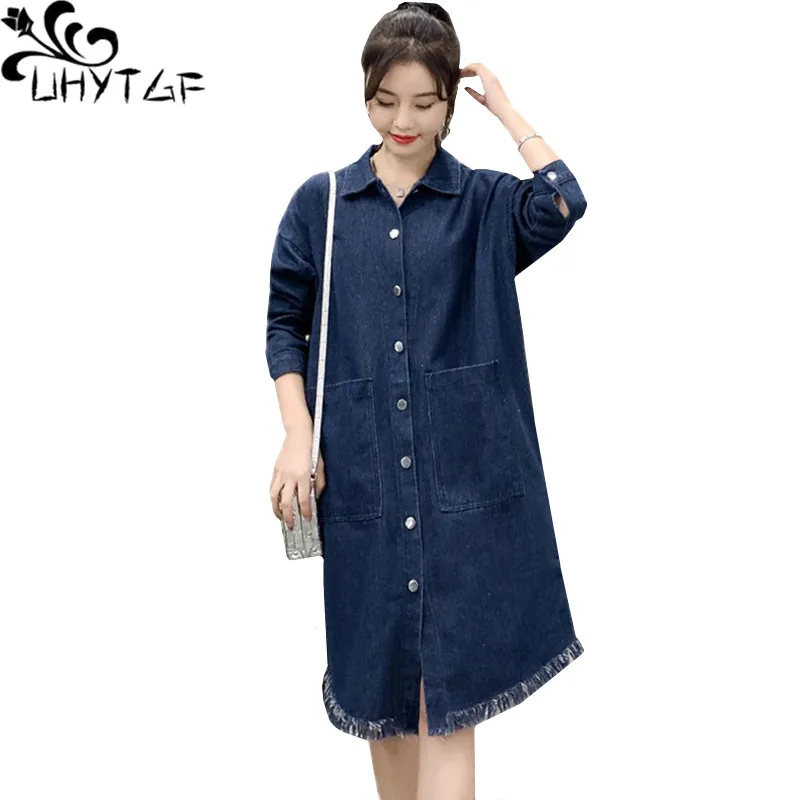 

UHYTGF Spring autumn jeans jacket women Oversized Womens tops outerwear Korean loose Casual long denim windbreaker coats 4XL 563
