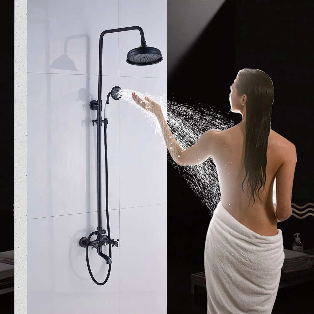 Bathroom Rainfall Shower Mixer Faucet Dual Handle Bath Shower Set Black Brass 8" Showerhead Shower Faucet System with Handshower