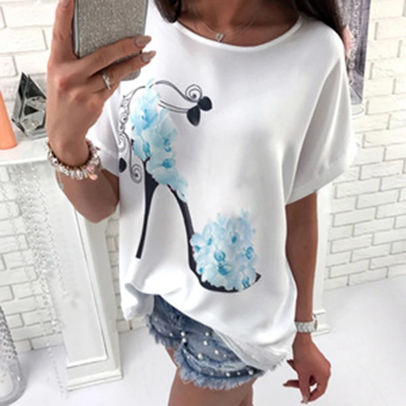 Летние женские футболки с коротким рукавом на высоком каблуке Топы принтом