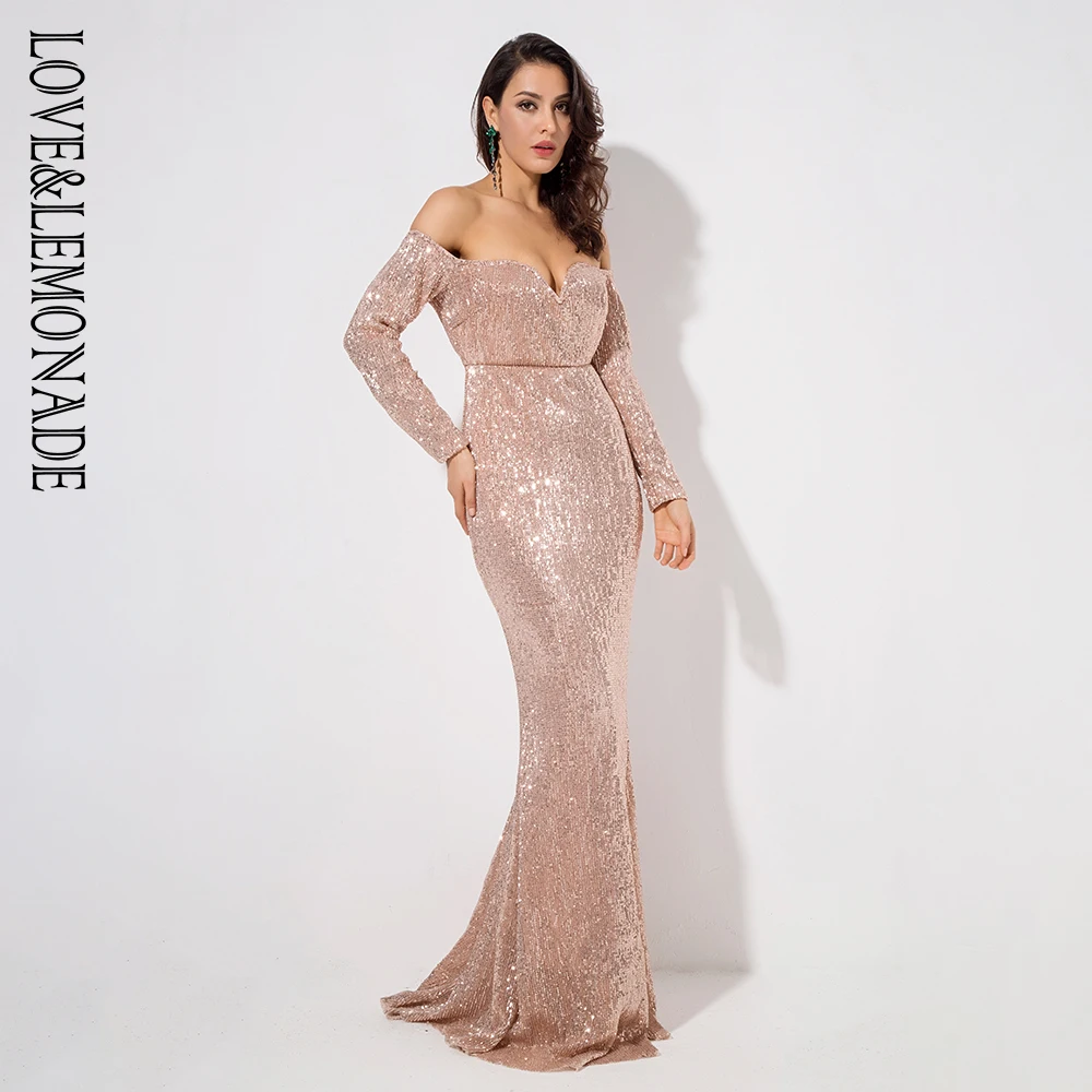 Длинное эластичное платье LOVE &amp LEMONADE золотистое с глубоким V-образным вырезом и