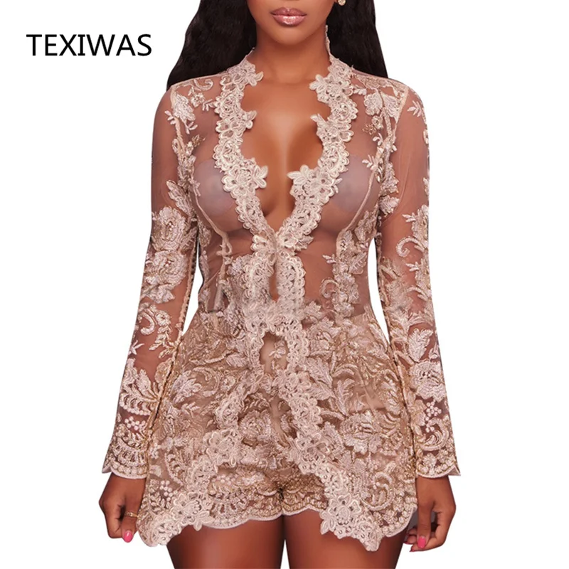 TEXIWAS Elegant Sexy 2Piece Set Women Lace Hollow perspective sets Embroidery Tops cardigan+Skinny vogue Shorts Bodycon outsuits | Женская