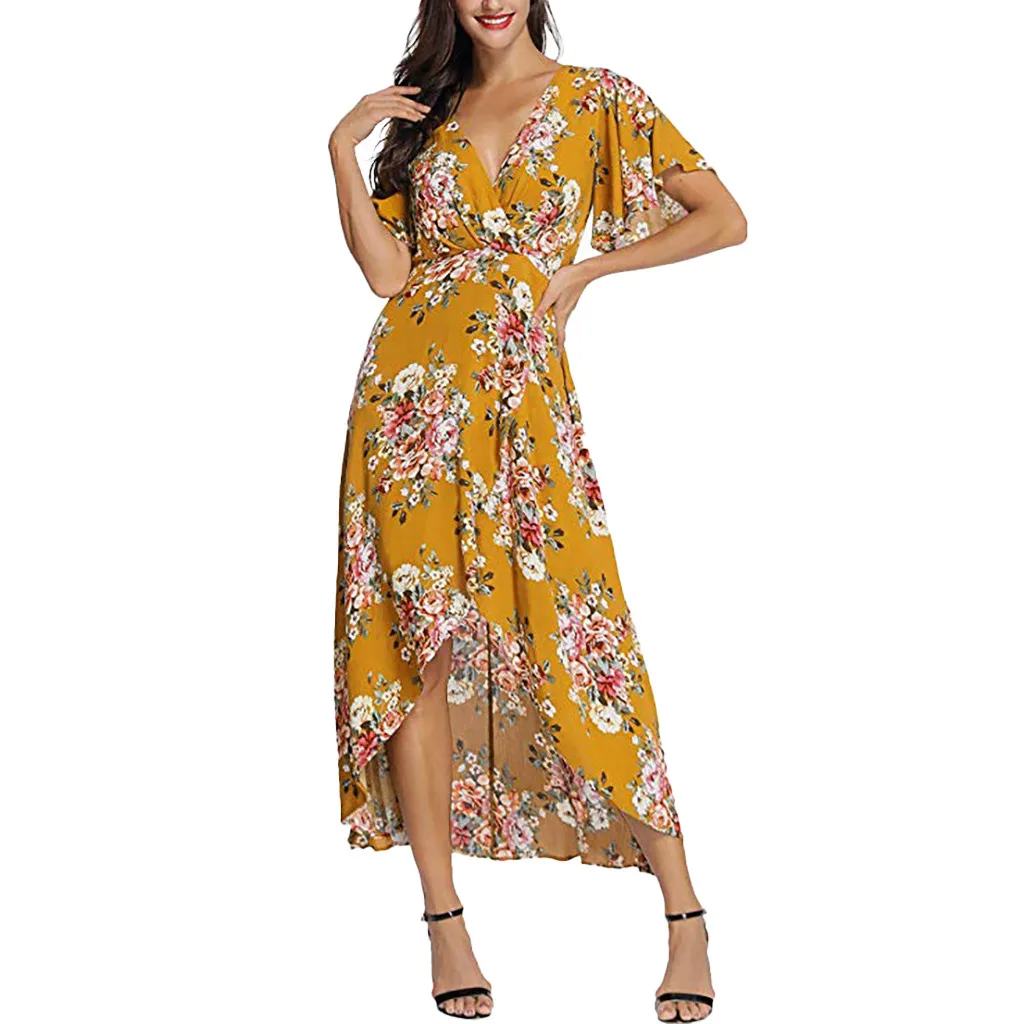 Женское платье с цветочным принтом Boho длинное пляжное глубоким вырезом и