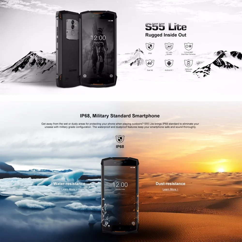 DOOGEE S55 Lite IP68 Водонепроницаемый 5 &quotHD + мобильного телефона Android 8 1 MTK6739 4 ядра 2 GB 16 13MP