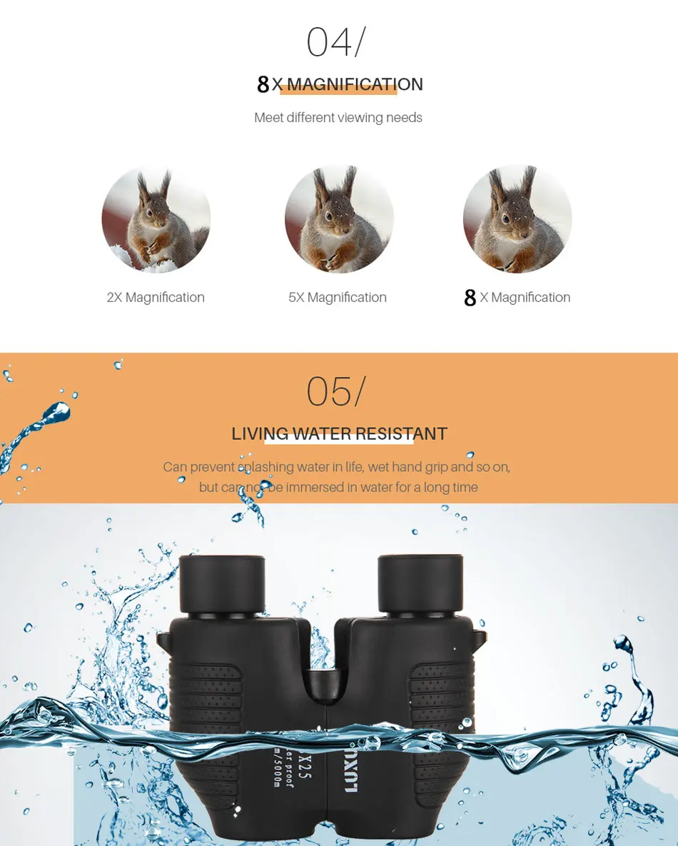 LUXUN 8x25 бинокль с автоматической фиксированной фокусировкой водонепроницаемый HD телескоп Призма Porro bak4 мини опера очки футбол для игр концерта