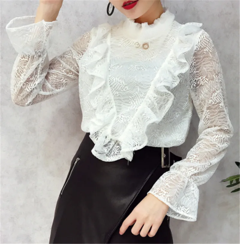 ALPHALMODA V-Ruffled стоячий воротник, украшенный бисером, женские изящные футболки с вырезами на крючках, цветы, однотонные женские пуловеры, футболки - Цвет: Белый