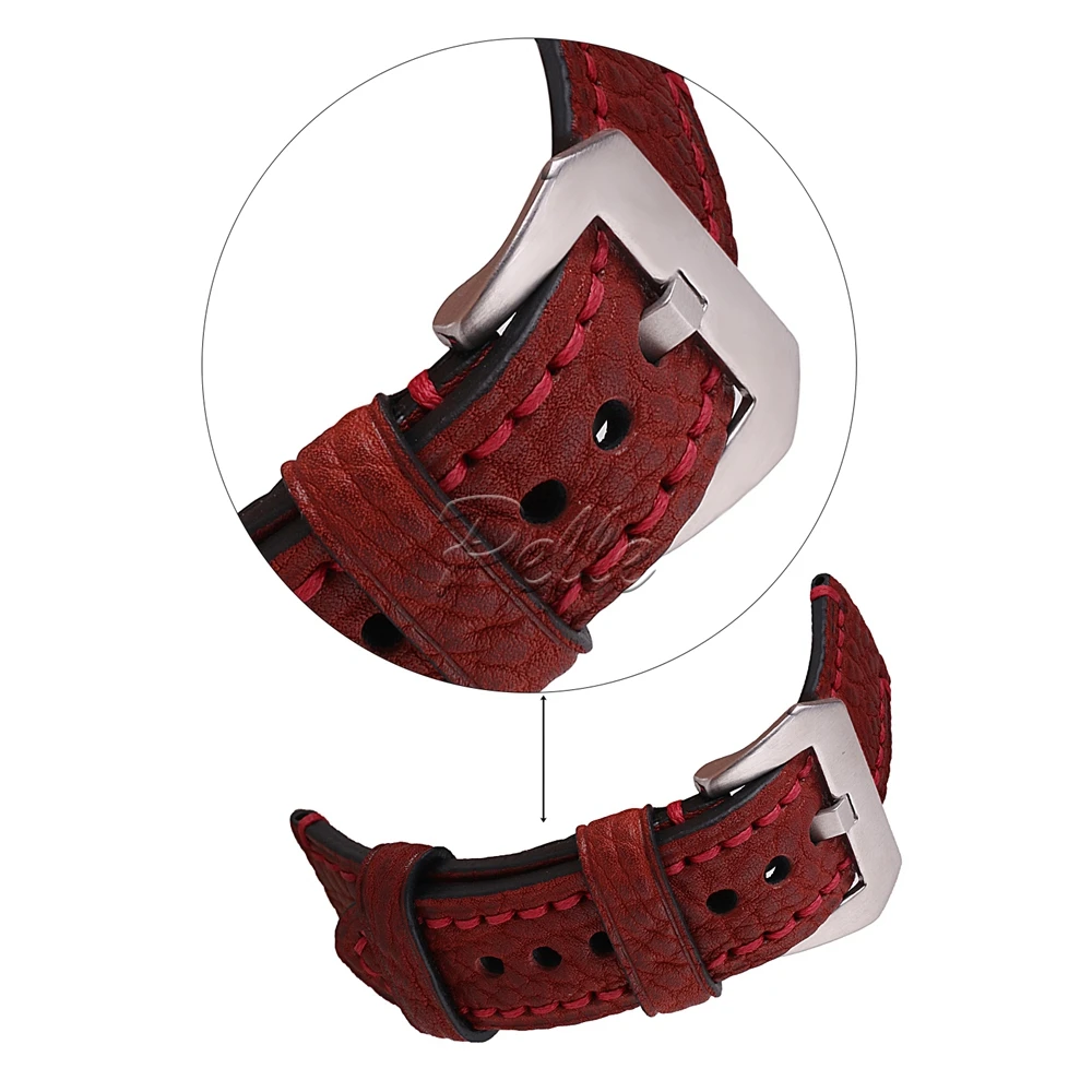 Pelle 22mm Red Vegetable Tanned Cowhide Leather Strap Silver Buckle Genuine Calfskin | Наручные часы