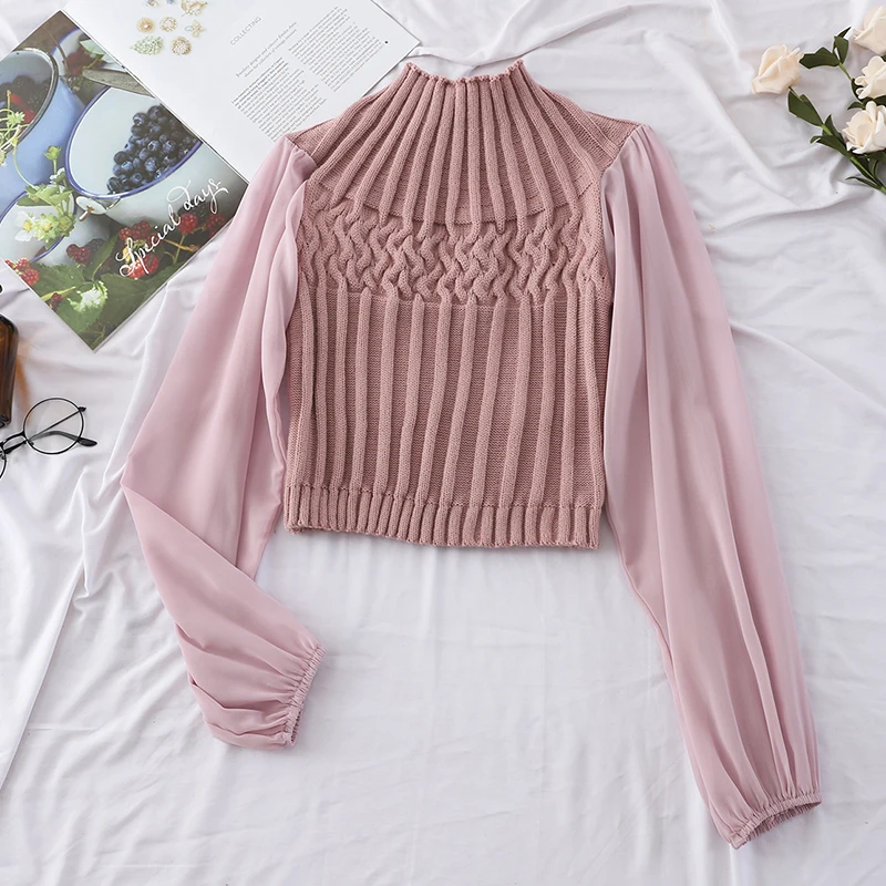 HELIAR Women Casual Lantern Sleeve Splicing Chiffon Spring Blouse Fashion pit knitting Slim Elastic Sweater Offic | Женская одежда
